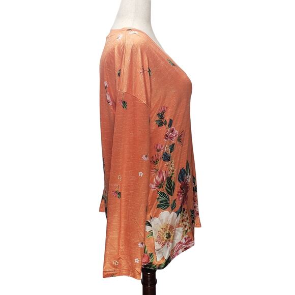 NWT Coeur De Vague XL Tunic Top Orange Floral V-Neck Stretch Long Sleeve - Picture 2 of 9